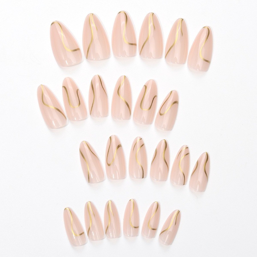 48Pcs-Medium Almond Nude White Gradient Gold Curve Line Press on Nails