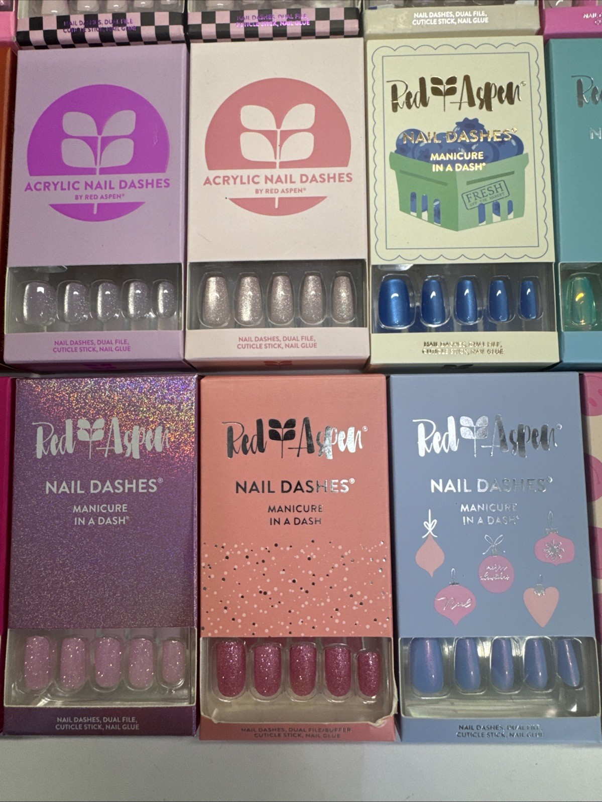 Lot Of 28 Boxes Brand New Red Aspen Nails Sets Glitter, Metallic Chrome, Pattern
