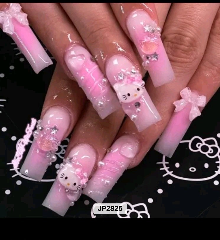 Hello Kitty Pink Ombre Press On Nails 24pc 3D Charms Coffin