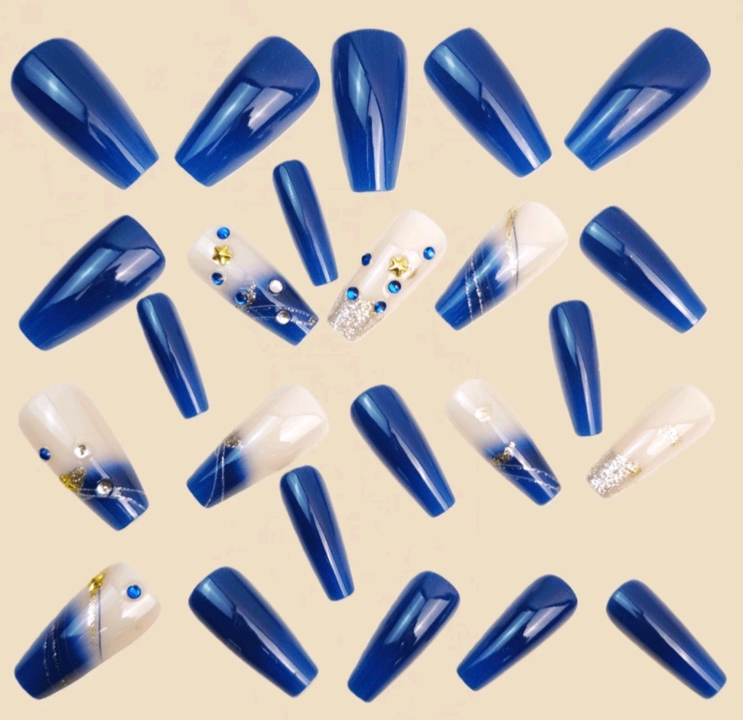 Press-On Nails Royal Blue Clear with 3D Rhinestone Accents Medium/Long Coffin