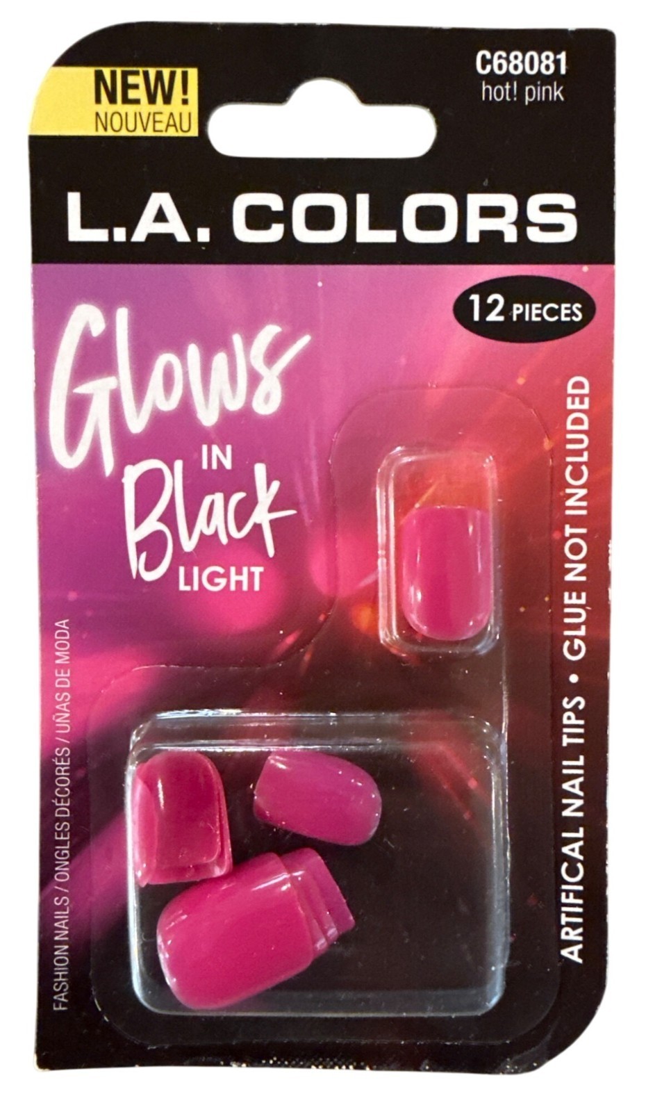 L.A. Colors GLOWS IN BLACK LIGHT 12 Nails HOT! PINK Short Square Glossy Pink