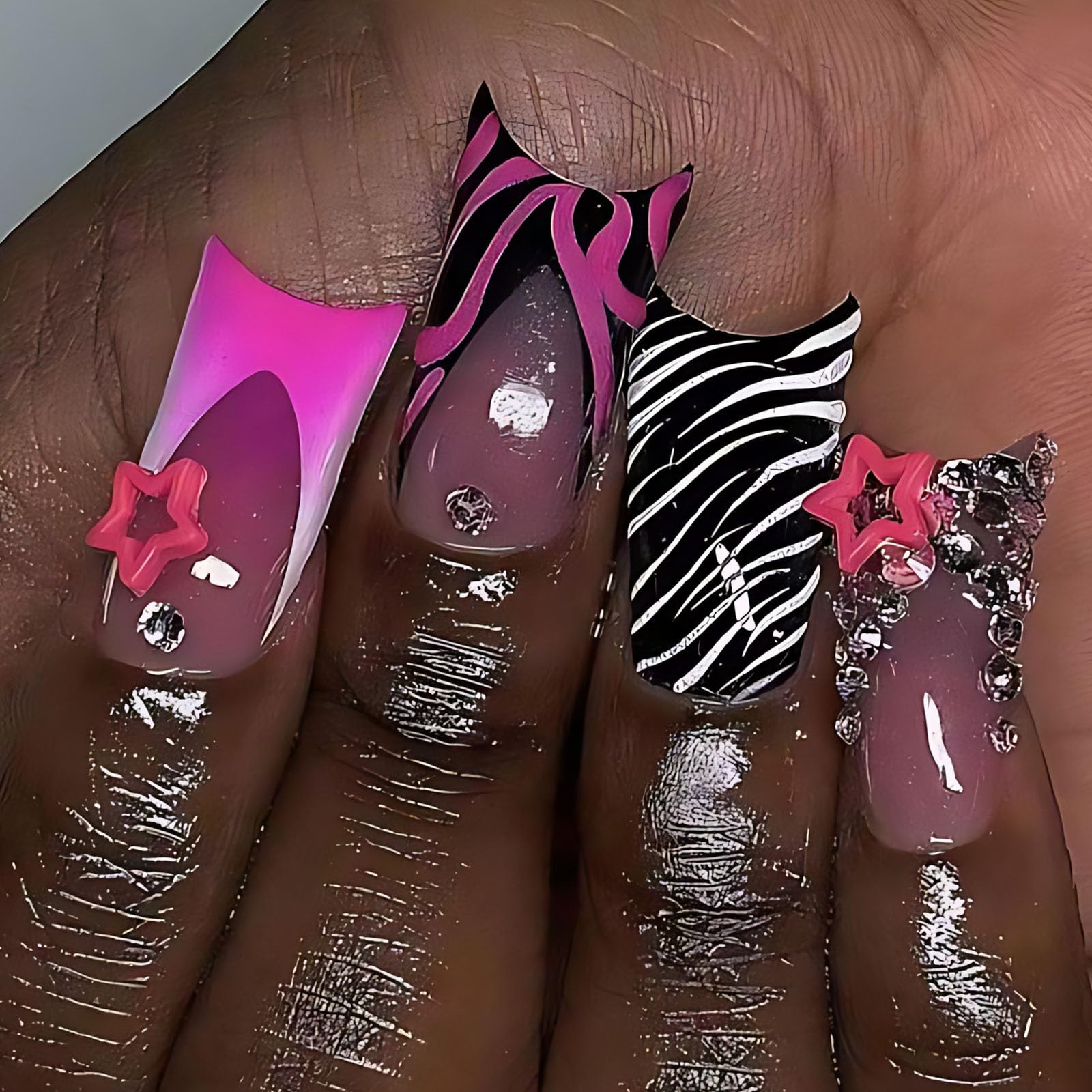 Duck Press On Nails Y2K Long 3D Flower Design Red French Tip Nails for Women