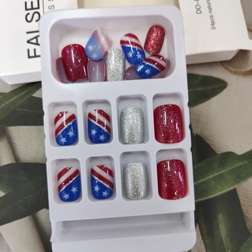 4th of July Press on Nails Short Fake Nails Red Blue White American USA Flag 1