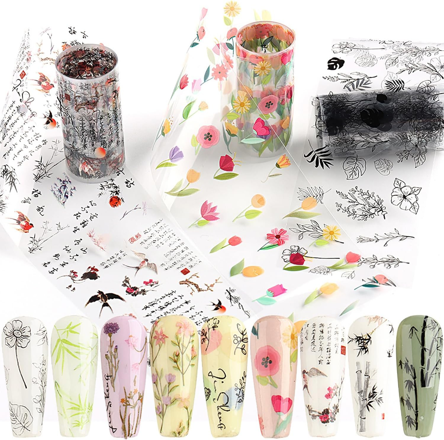 10 Rolls Flower Nail Foil Transfer Sticker Kit Bamboo Ink Painting Pattern Nail