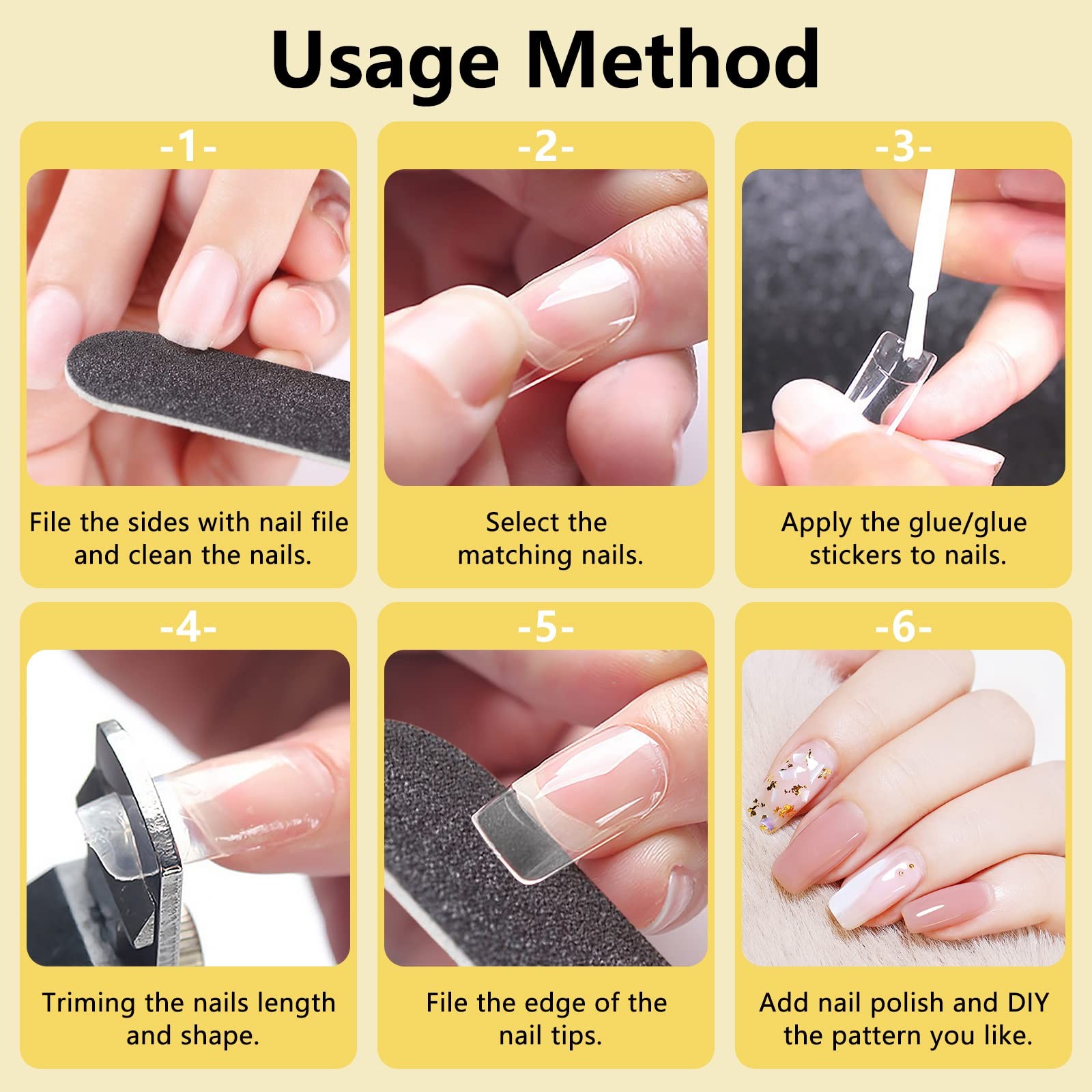 Yokilly 1000PCS Square Nail Tips and Glue, Clear Natural 1007 Piece Set, 2