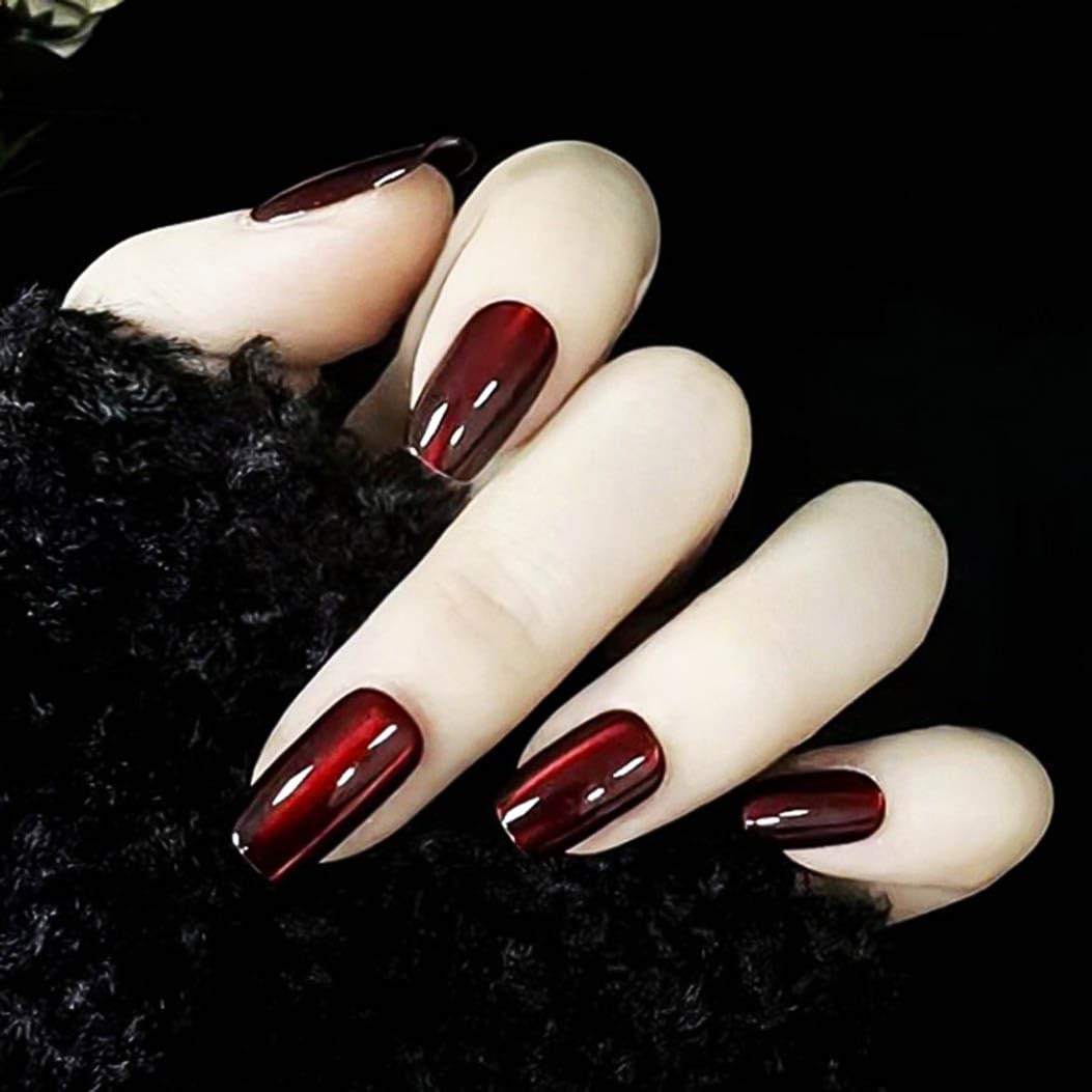 RikView Square Press on Nails Medium Fake Red Hand 30 Piece Set,