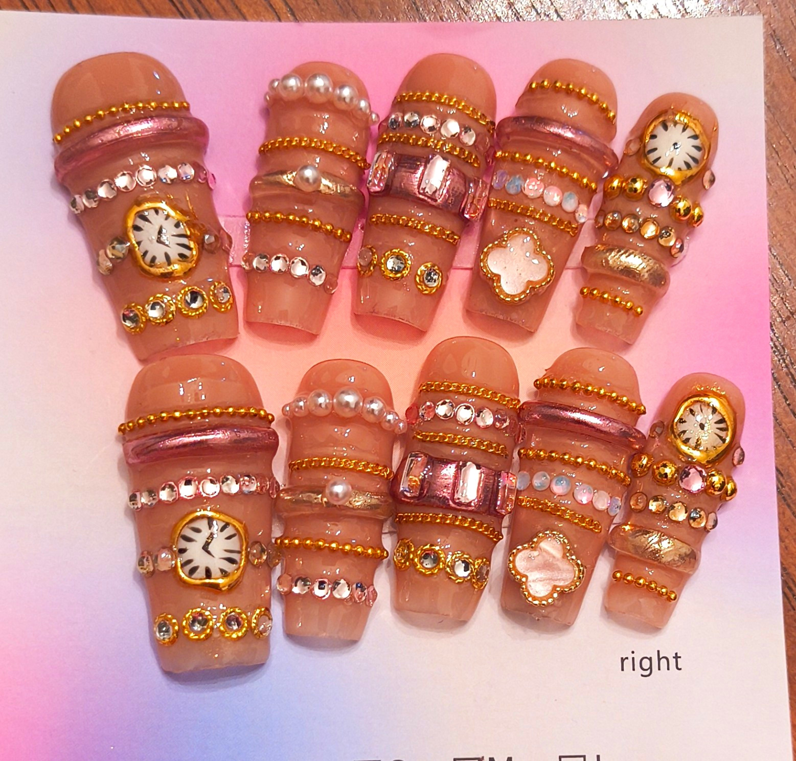 Press-On Nails Medium Square Nude Gold Pink 3D Clock Full Cover Pre-Designed Med