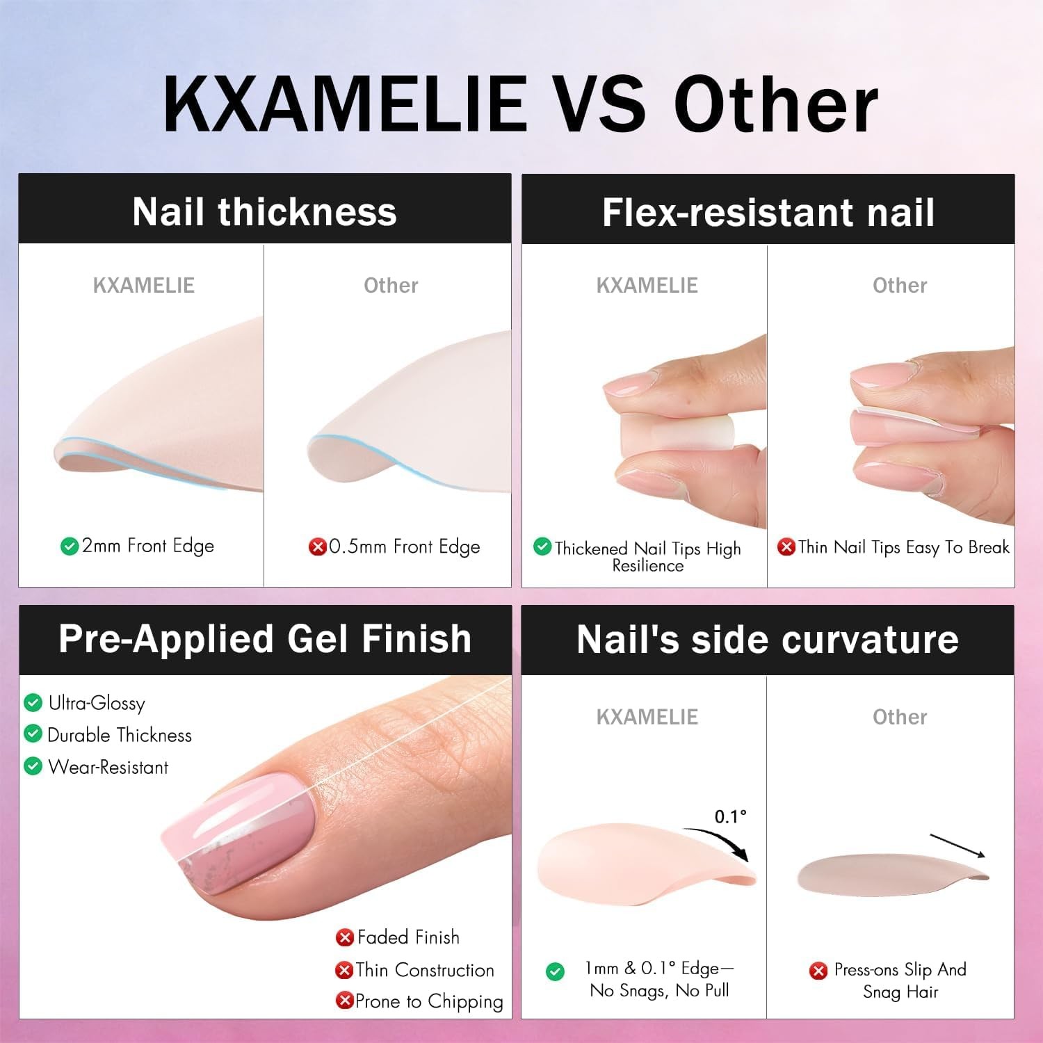 KXAMELIE Chrome Ombre Pink Press on 30 Pieces (Pack of 1), square ombre pink
