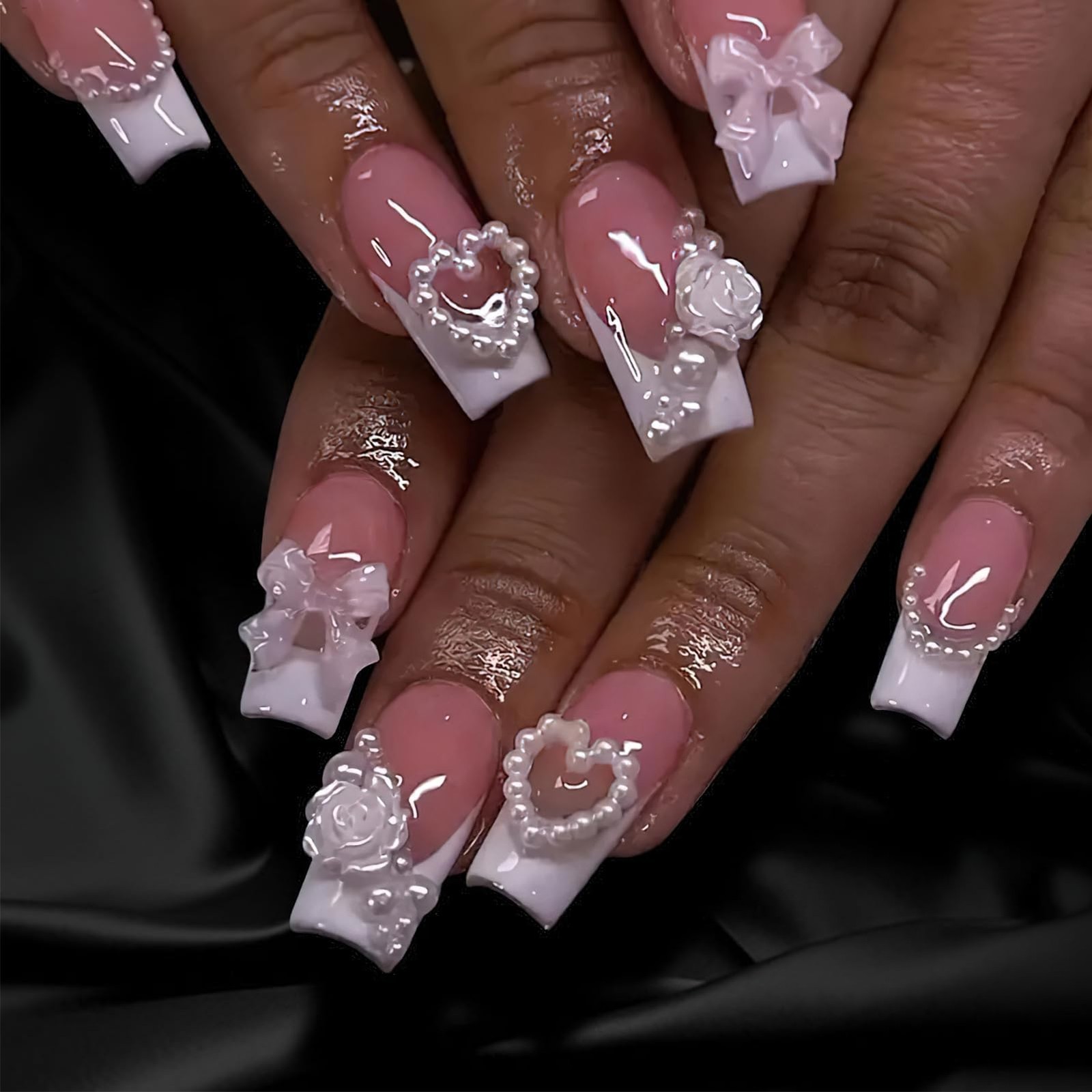 Mkwntg French Tip Press on Nails Medium Square Fake Full Multicolor
