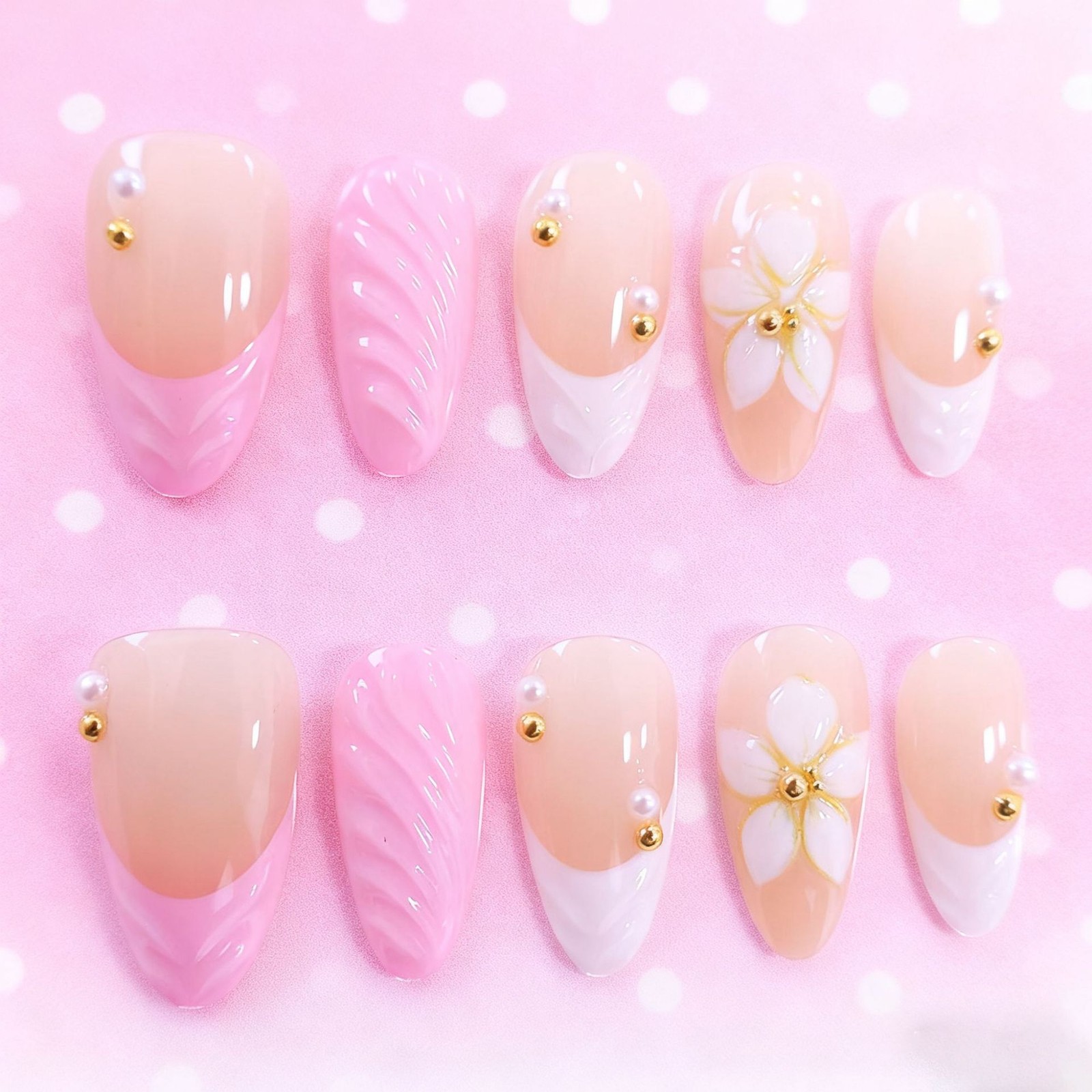Pink White 3D Floral Almond Press On Nails | Gold Studded False Nails
