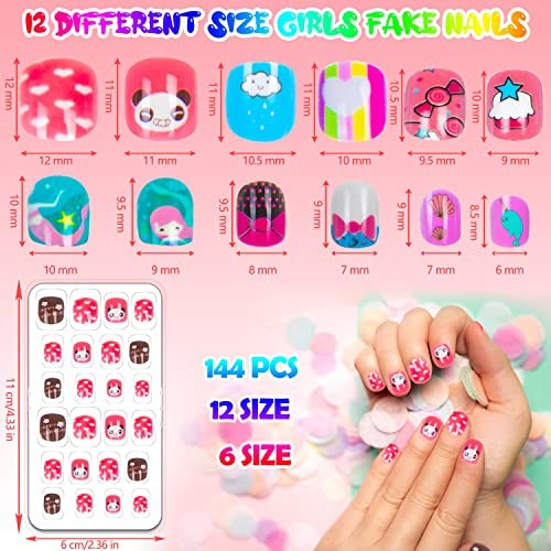 144 Pieces Fake Nails for Kids Girls Artificial Kids Press on Nails Cute Animal