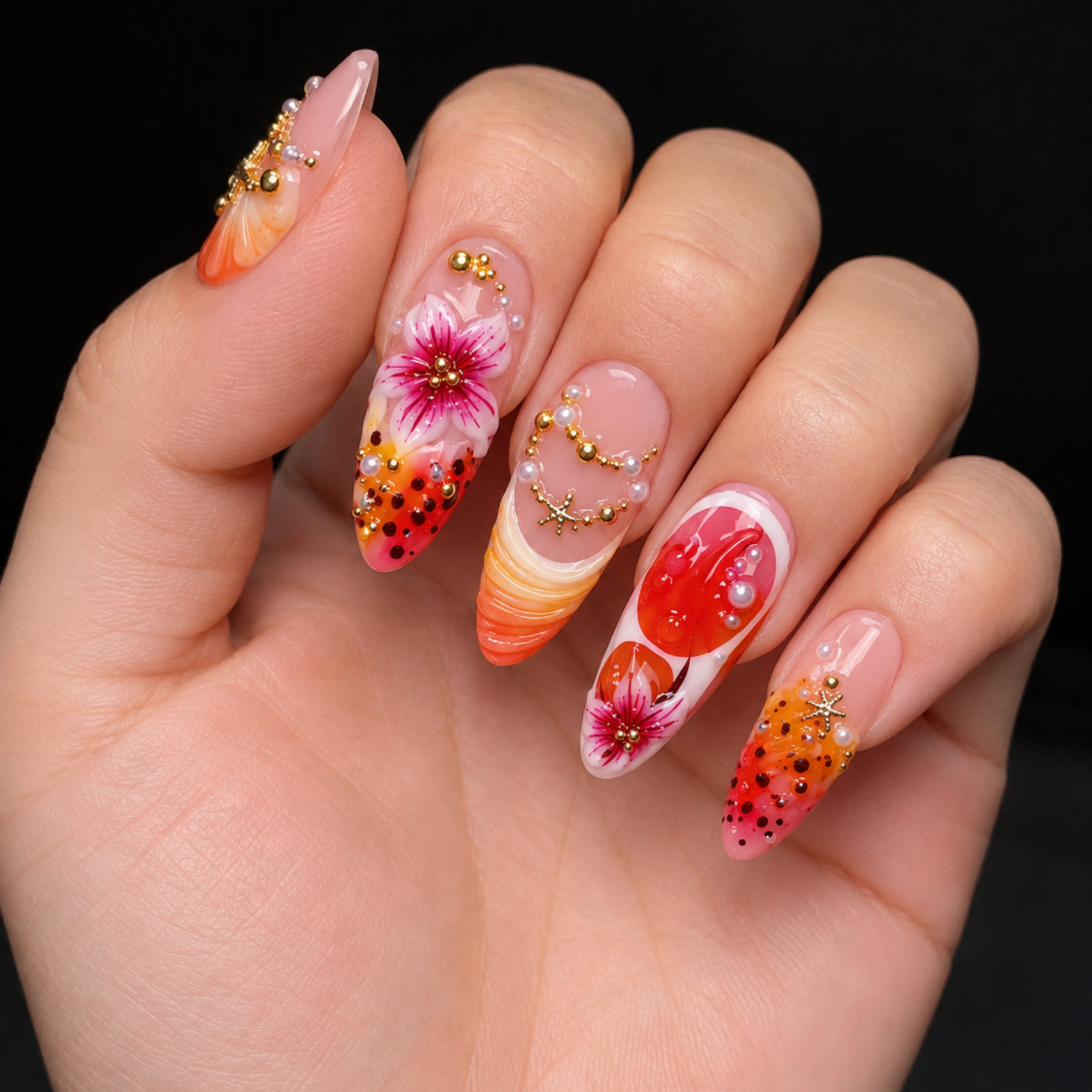 Handmade Tropical Floral Press On Nails Pink Orange Pearl Starfish