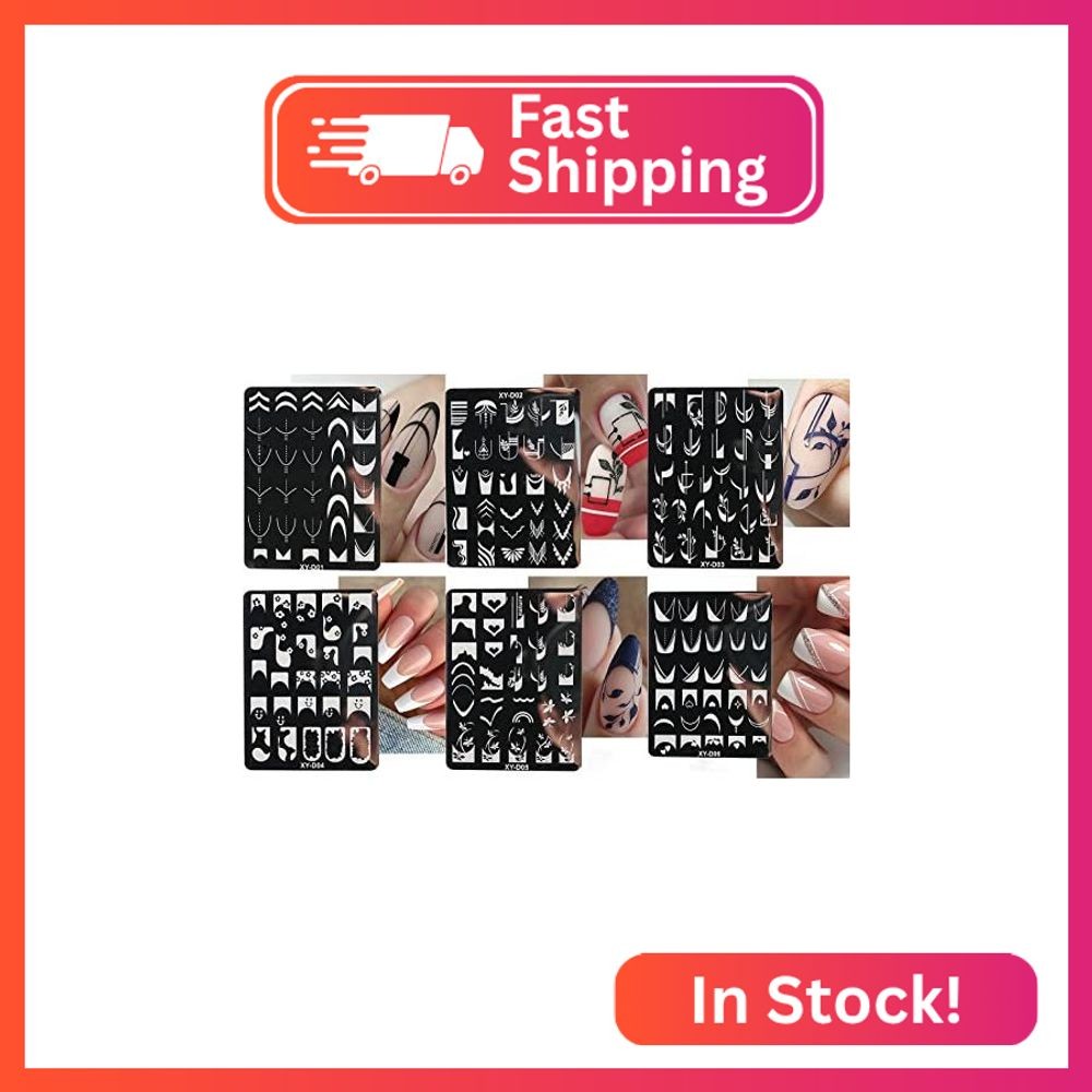 6Pcs Nail Art Stamping Templates Set with French Line Flowers Leaves Smiley Hear