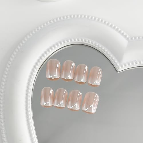 Chrome Press on Nails Short Square White Gradient Fake Nails Nude Pink S26