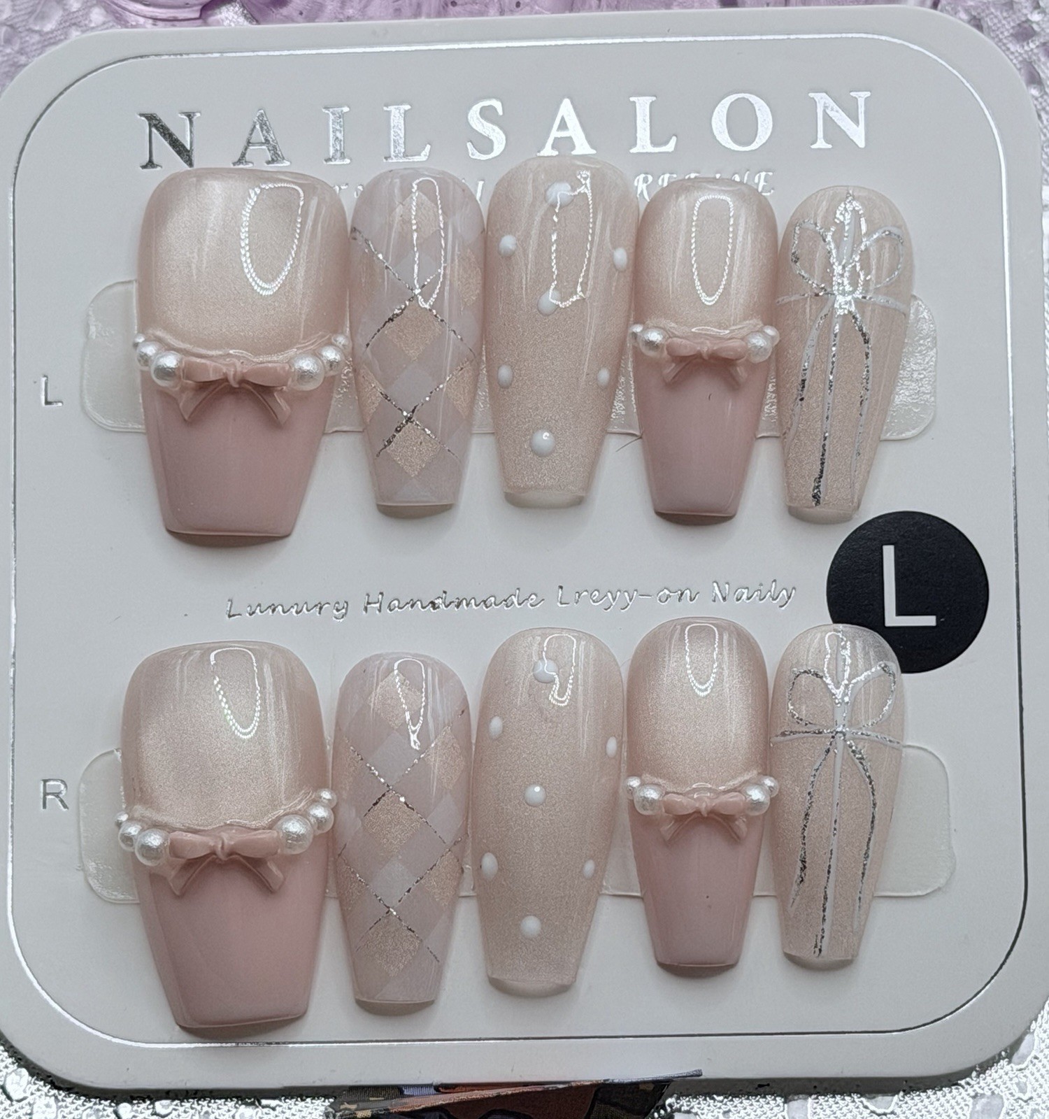 10 Pcs Handmade Medium Coffin Pink Ballerina Nails Plaid 3D Bows Polka Dots Glit