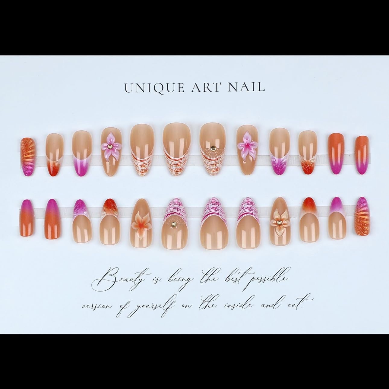Elegant Medium Almond Press On Nails – 24Pcs Glossy Finish with 3D Floral Art