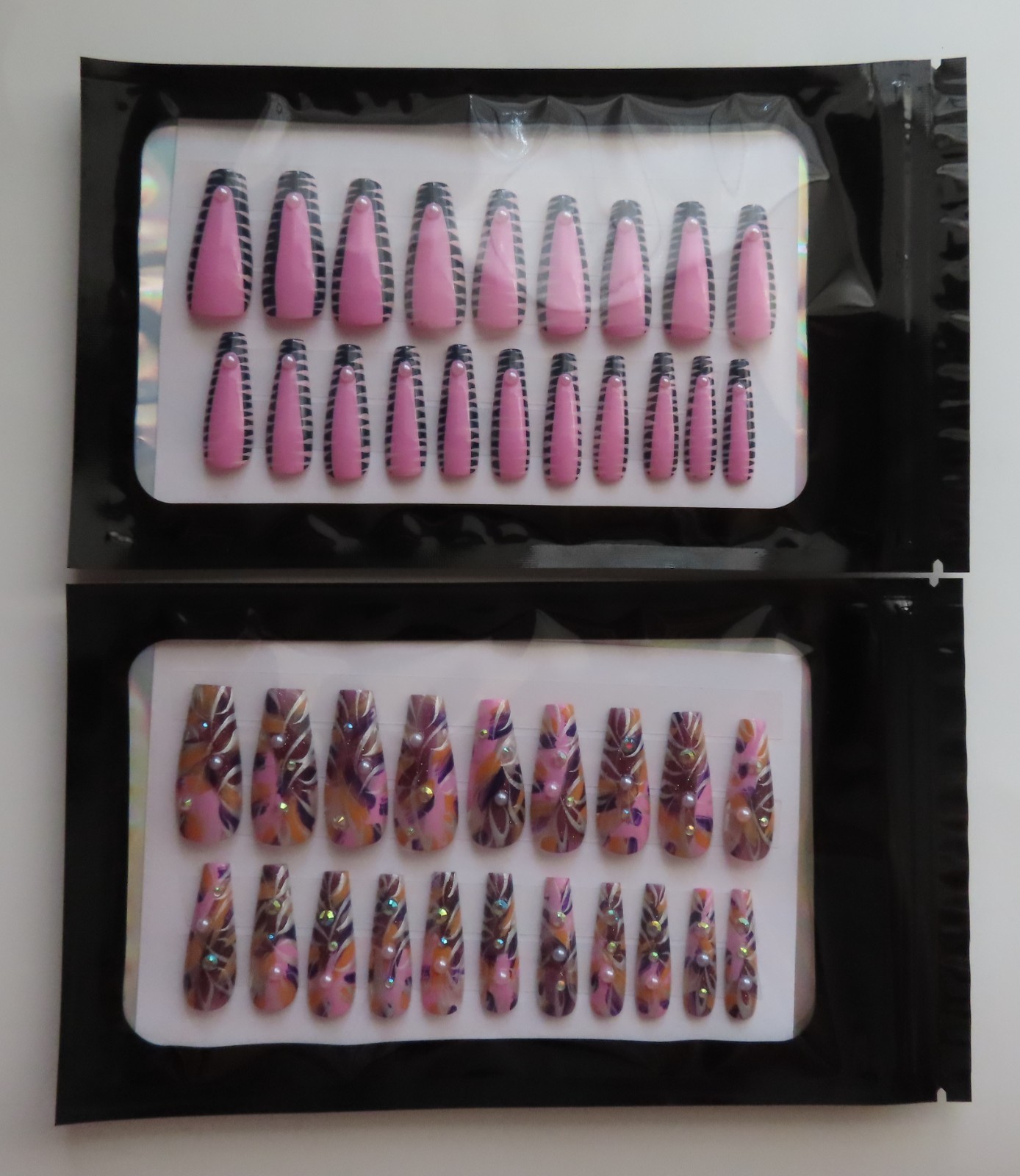 (2) Set Pink Blue French Pearl Tip | Pink Pearl Abstract Coffin Press-On Nail