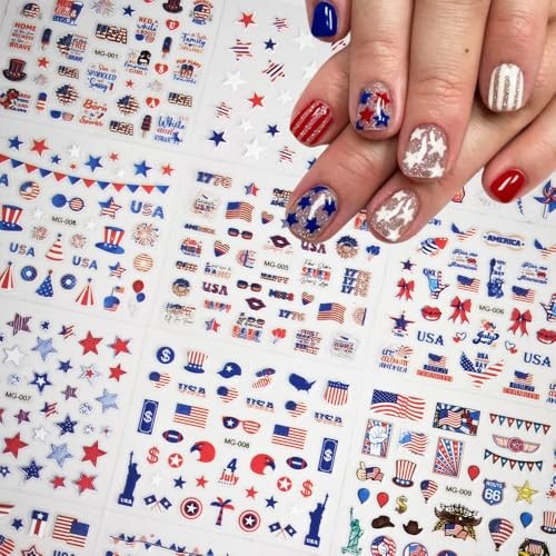 4th of July Nail Stickers Red Blue White Nail Decals Star USA Regular Vbn-34
