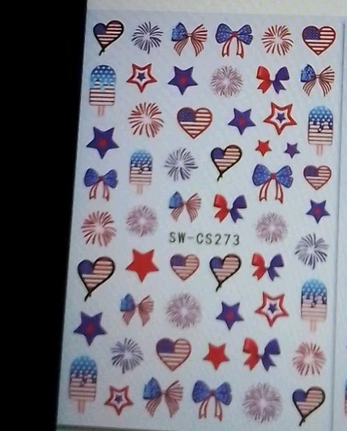 Patriotic Nail Art Decals Set Of 55, Fireworks,Flags, Colorful- w/ Instructions