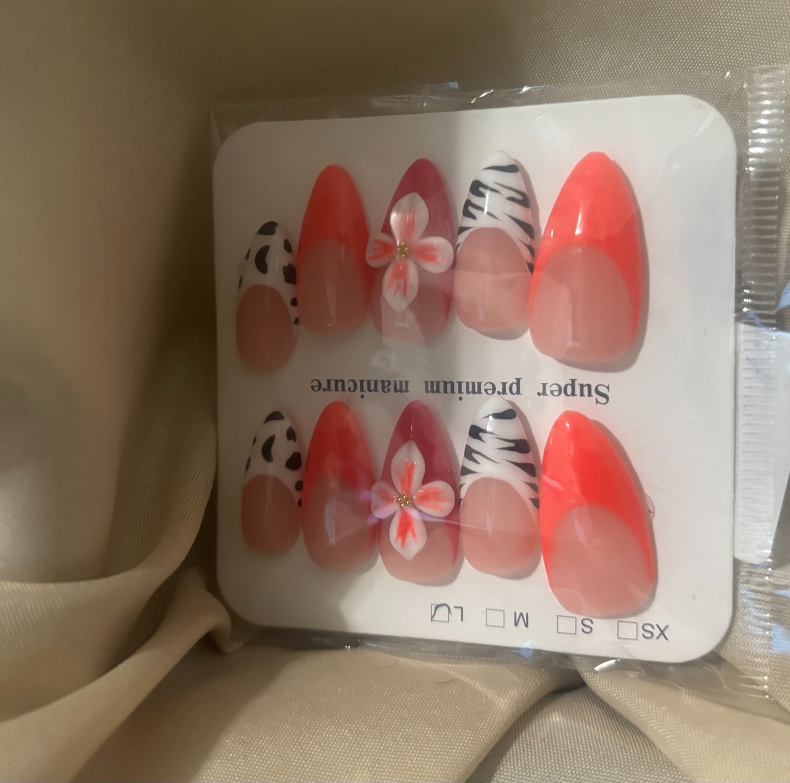 Animal Print French Tip Press On Nails Red 3D Flower Trendy Almond Fake Nails