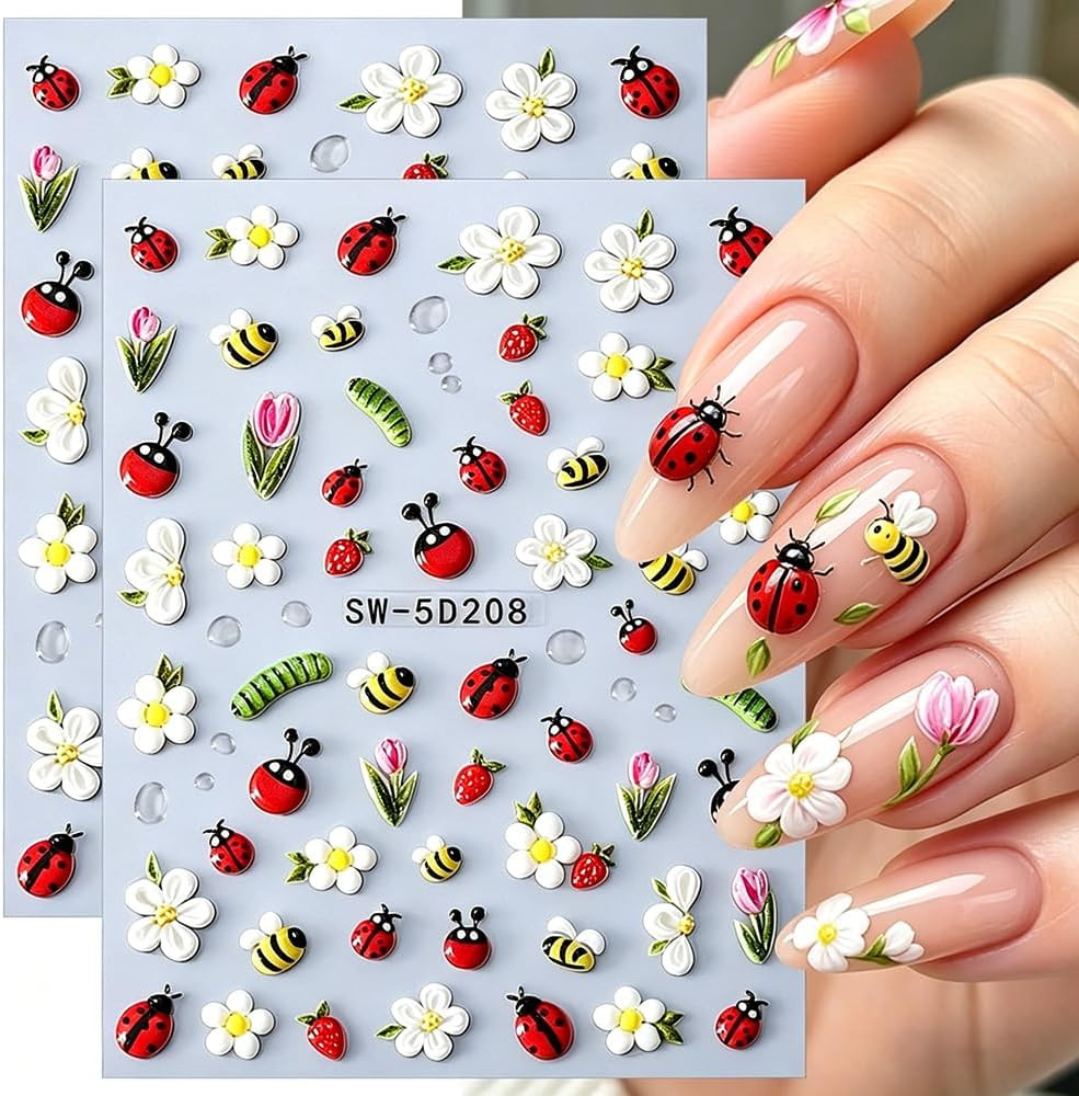 Cartoon Cute Insect 5D Nail Art Stickers Hawaiian Flower Daisy Tulip Strawberry