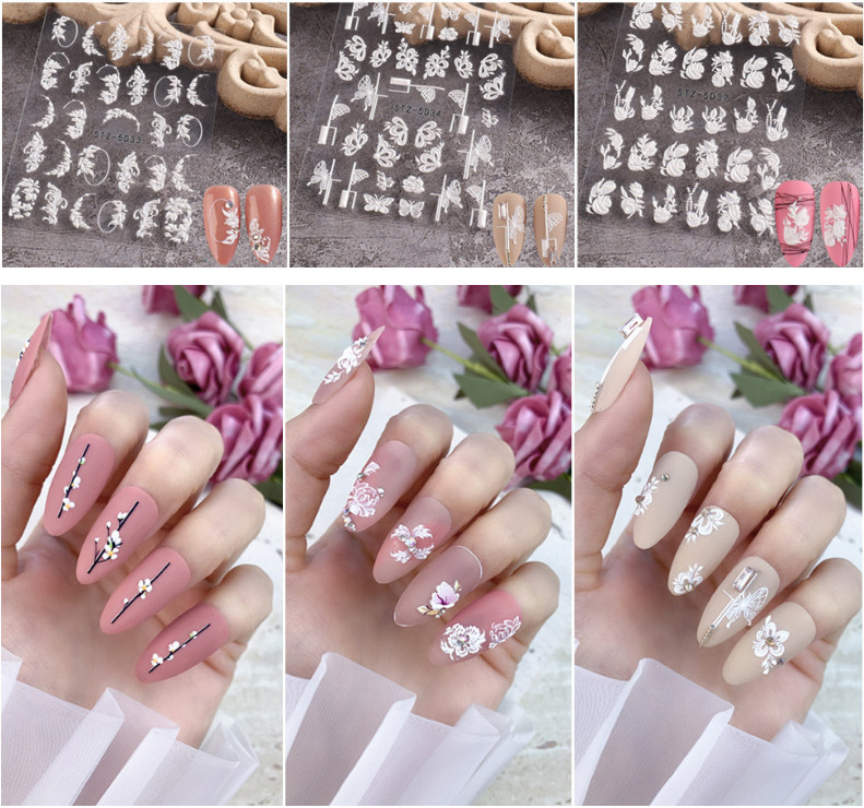 Pure White 5D Embossed Rose Flowers Butterfly Nail Stickers Adhesive Manicure