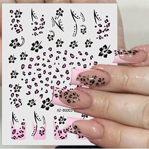 Leopard Print Nail Stickers Bow Decals for Nail Art Black Flower Nail Nial-5