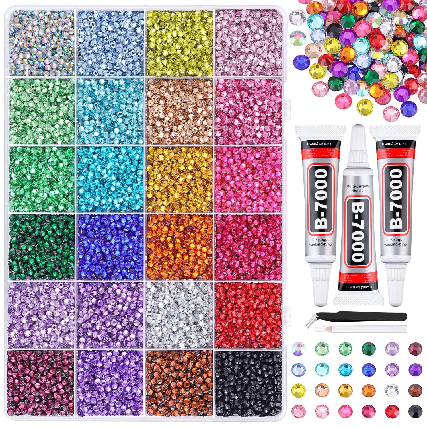 24000 Multicolor Resin Rhinestones with Tweezers and B7000 Glue for Crafts