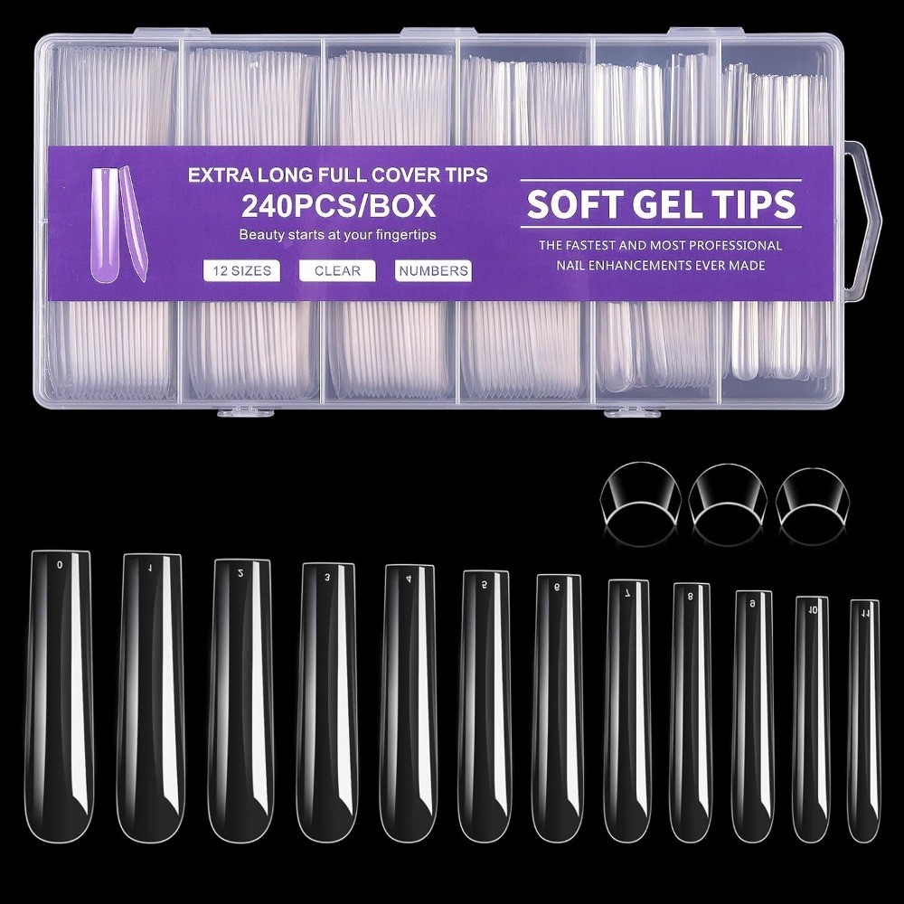 Long Square Soft Gel Nail Tips 240Pcs Full Cover Pre-Etched 3XL Clear Acrylic