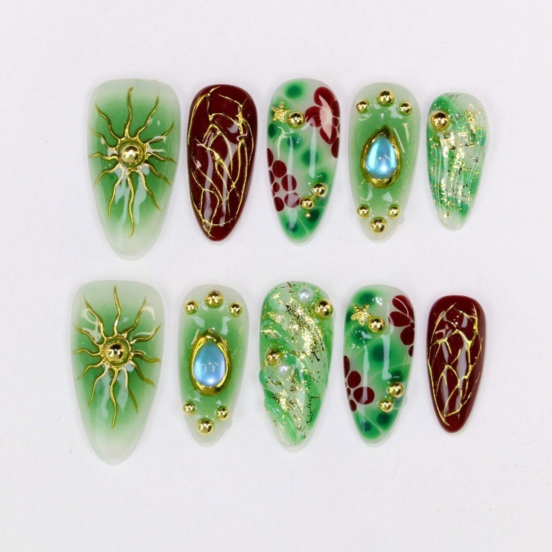 Custom Pure Handmade Nails Green Red Sun Pattern Gold Foil Vintage Manicure