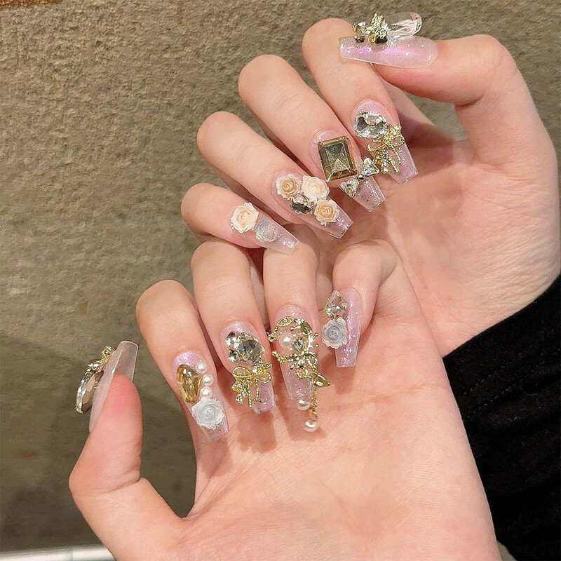 Handmade French 3D Full Of Diamond Bow False Nail Long Coffin Press On Nail Set