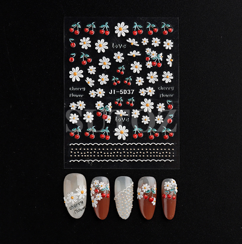 5D Embossed White Red Daisy Flower Cherry Love Nail Stickers Manicure JI-5D37