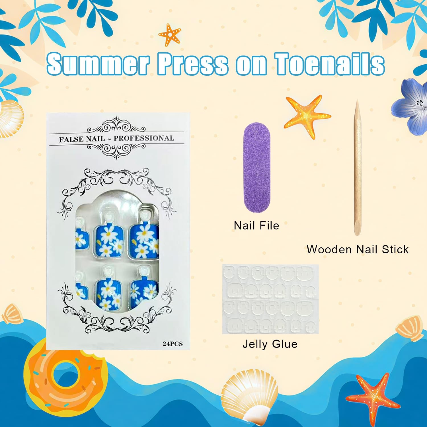 Blue Press on Toenails Short Square Fake Toe Nails Floral False Toenail