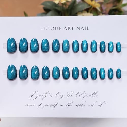 Blue Glitter Press on Nails Oval Fake Nails Cat Eye False Nails Short Style 18
