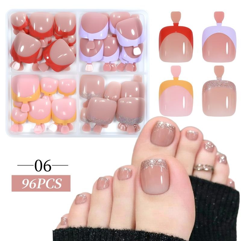 96Pcs/Box Cat’s Eye Fake Toenails French Design 4 Colors Short Square Press On