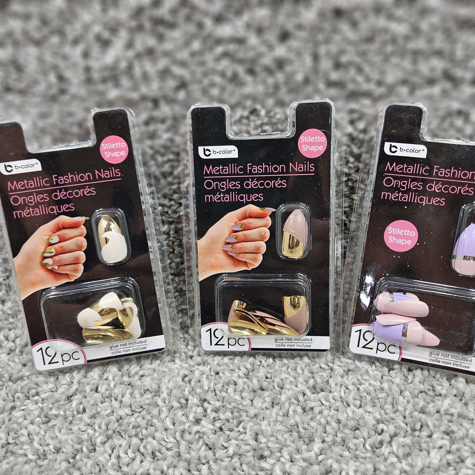 B-Color Metallic Fashion Nails Set 3 Packs Stiletto Shape Glue On 12pc Each New