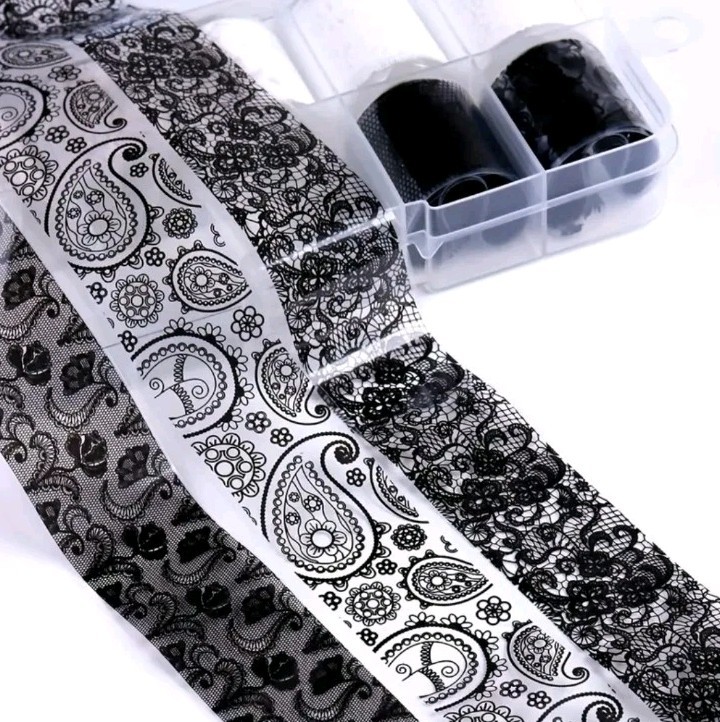 10 Rolls Nail Art Transfer Foil Black White Lace Paisley Roses Set Stickers Lot