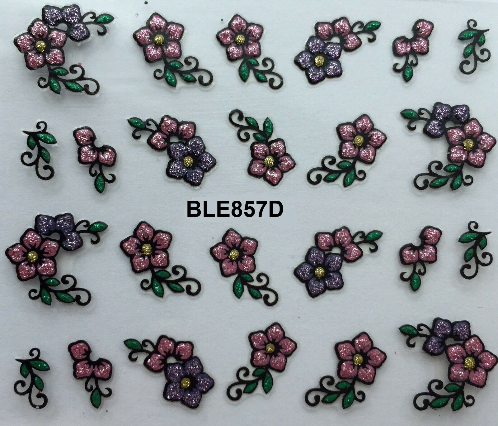 Nail Art 3D Decal Stickers Pink Green Flowers Glitter BLE857D