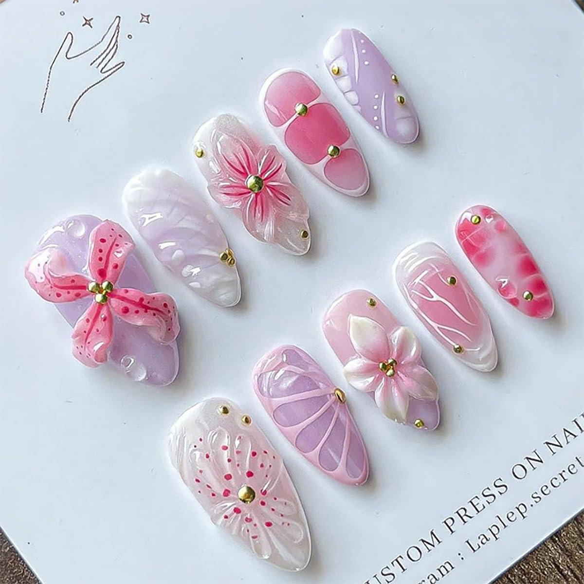 30Pcs Pink Flower Press on Nails Medium Almond Fake Nails with Gold Pearl Rhi…