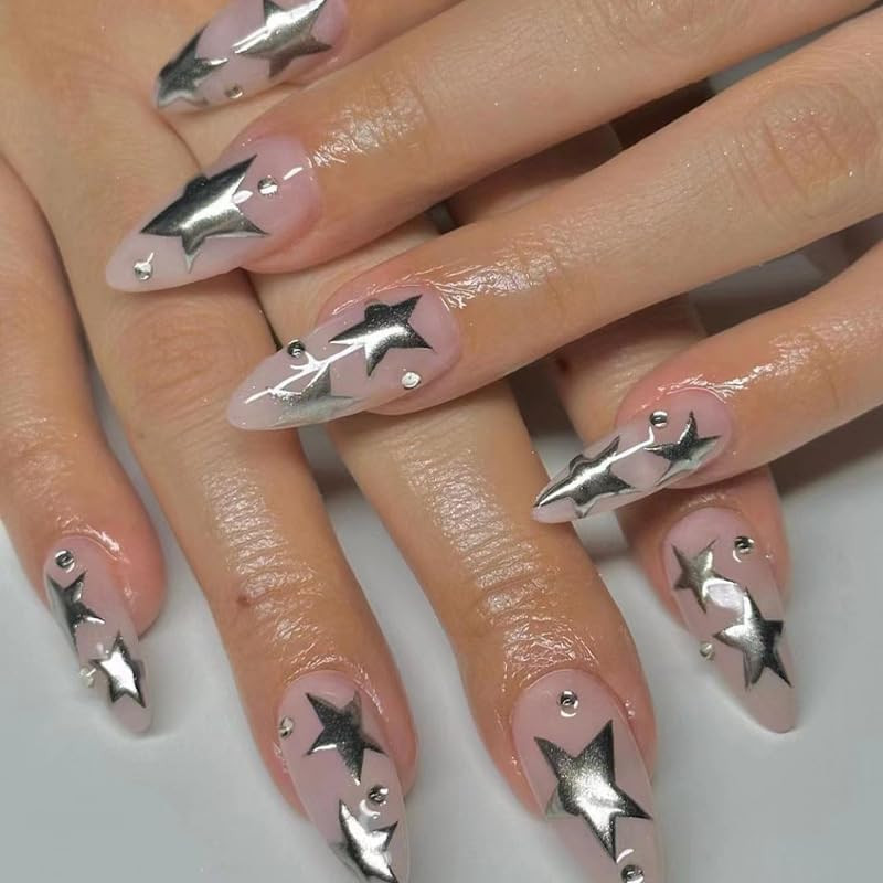 Silver Star Press on Nails Medium Almond Fake Nails 4Th of July False Nails Rhin