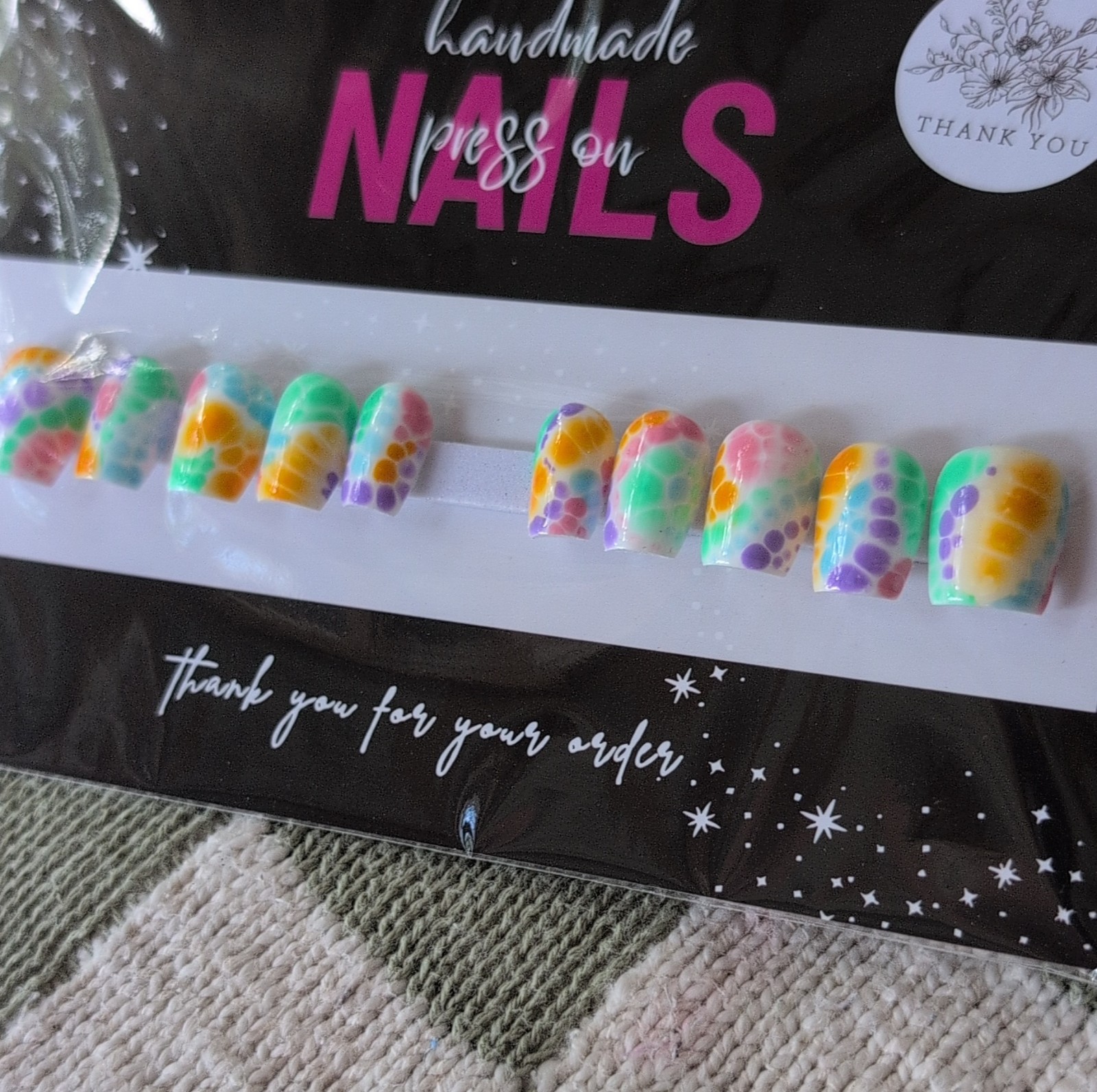 Handmade Press-On Nails Short Square Multicolor Abstract Glossy Sized Medium