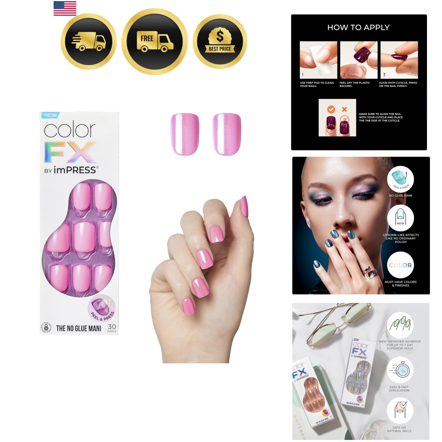 Kiss No Glue Mani Press On Nails, Color FX, ‘Late Night’, Pink, Short Size, S…