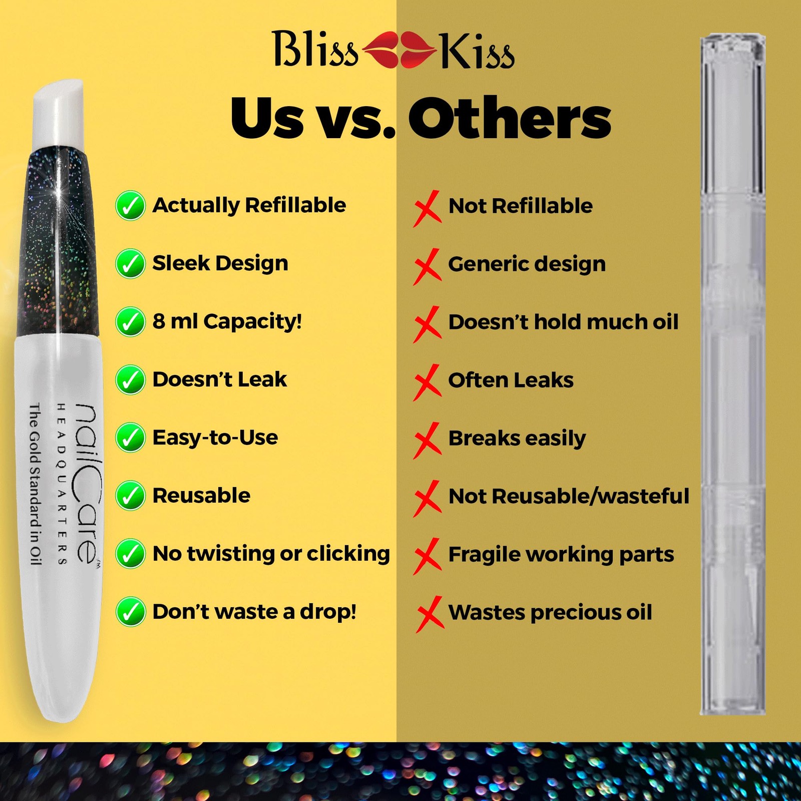 Refillable Holographic Cuticle Oil Pen for Nails 3-Pack, Glitter