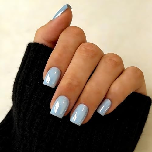 Chrome Baby Blue Press on Nails Short Square, Glazed Gel Fake square baby blue