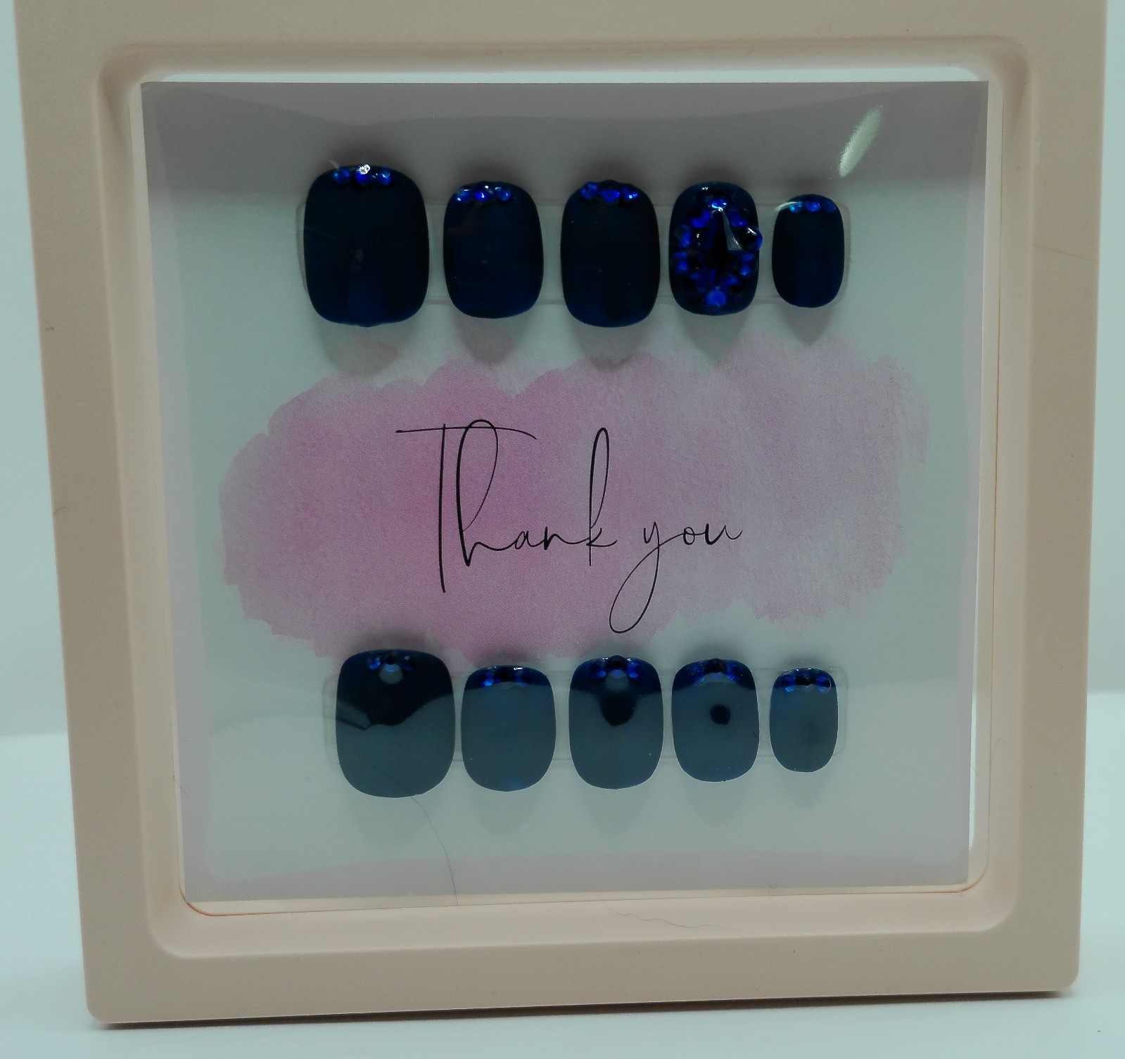 Extra Short Squoval Press-On Nails, Medium Sizes Dark Matte Blue with Gems