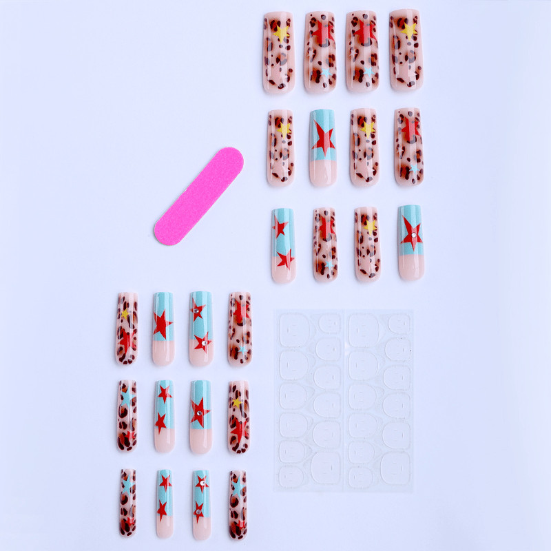 48pcs Long Square Press on Nails, Leopard Print Star Y2K Trendy Nail Art