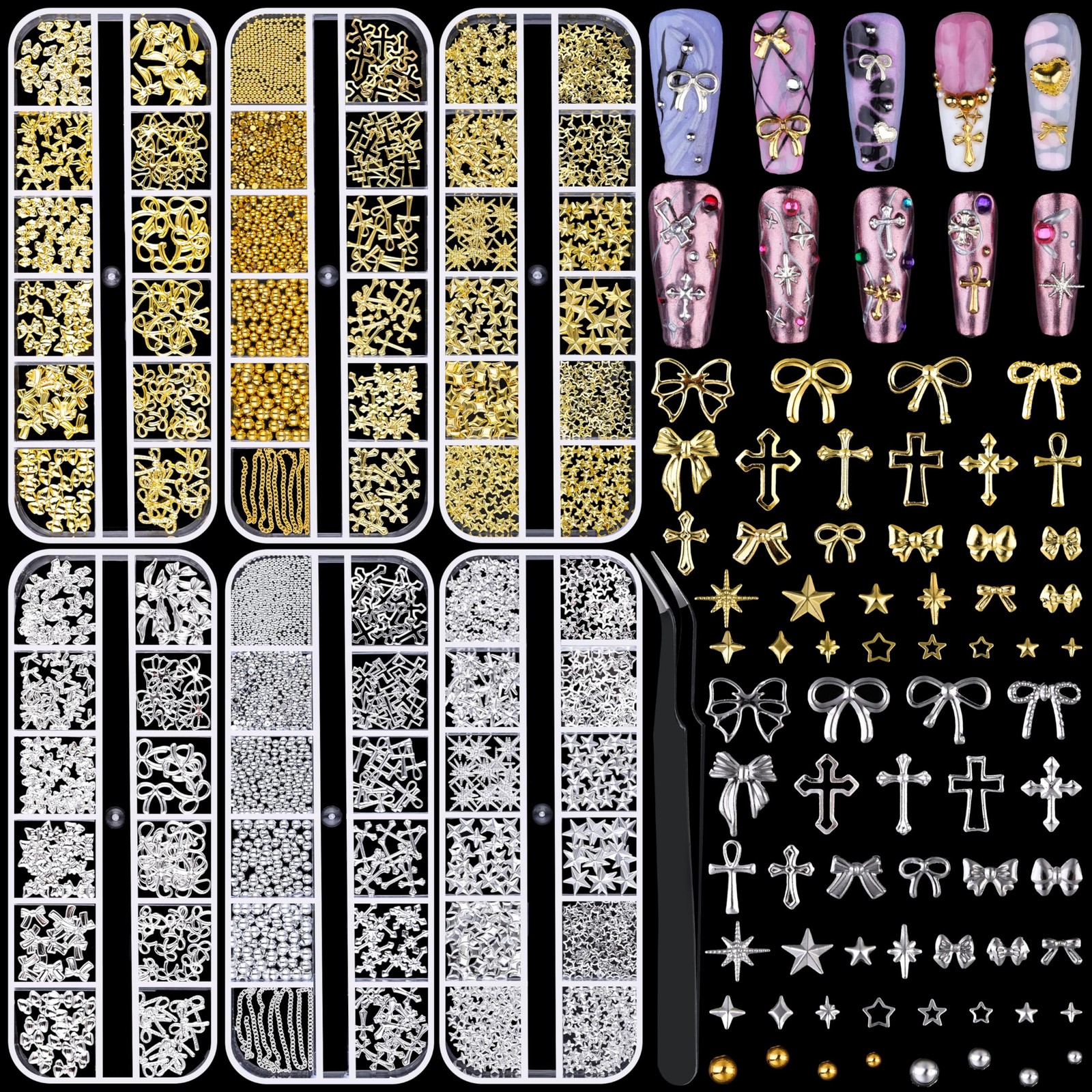 Gold Silver Star Cross Bows Nail Charms, 6 Boxes 3D Metal Y2K Nail Charms and…