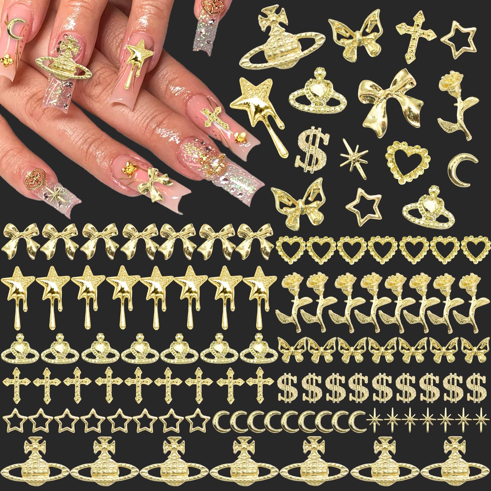 120PCS Gold Nail Charms 3D Bow Butterfly Charms for Nails 12 Styles Nail Jewe…