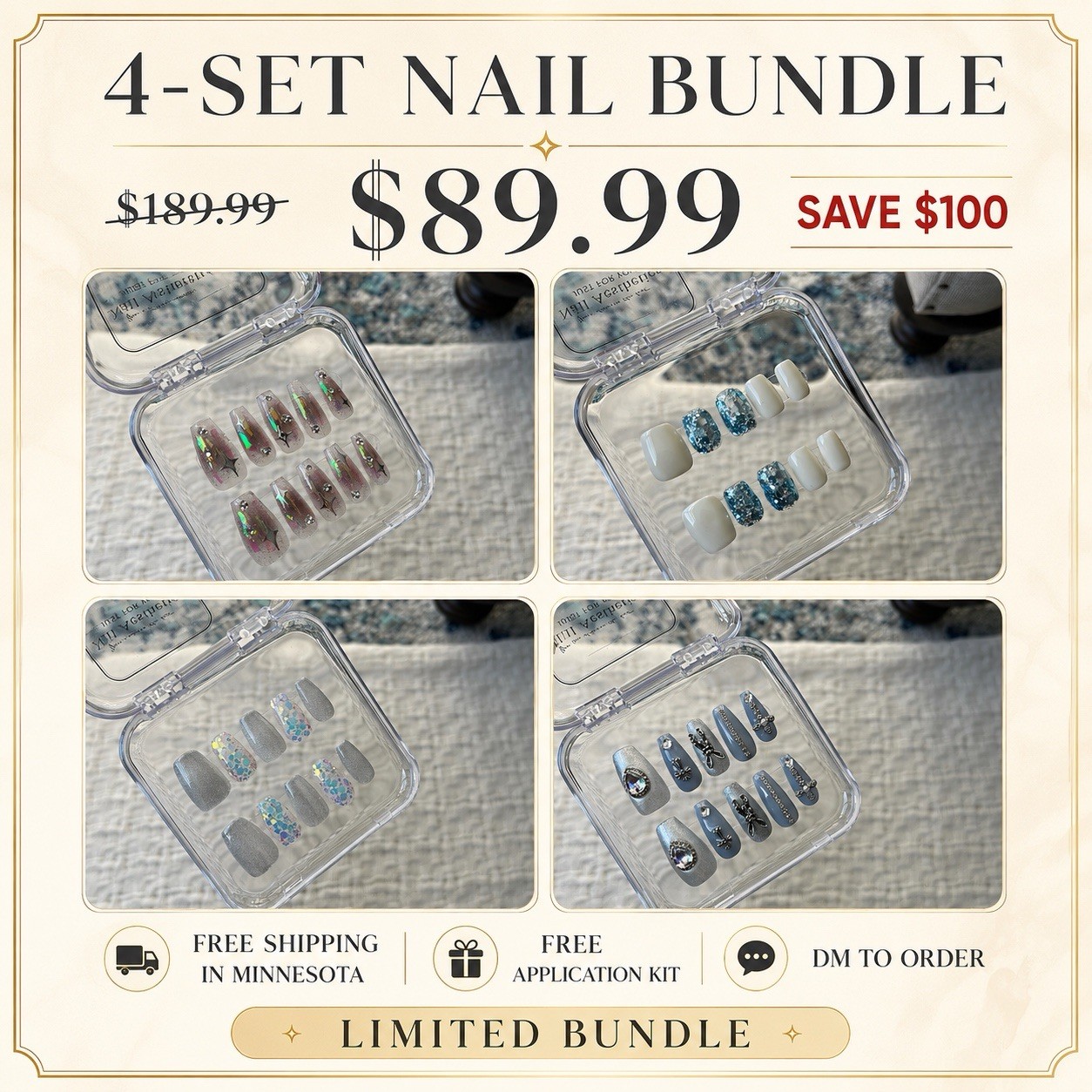 Press-On Nails Long Square Blue Silver Shiny Glitter Full Cover Pre-Designed Set