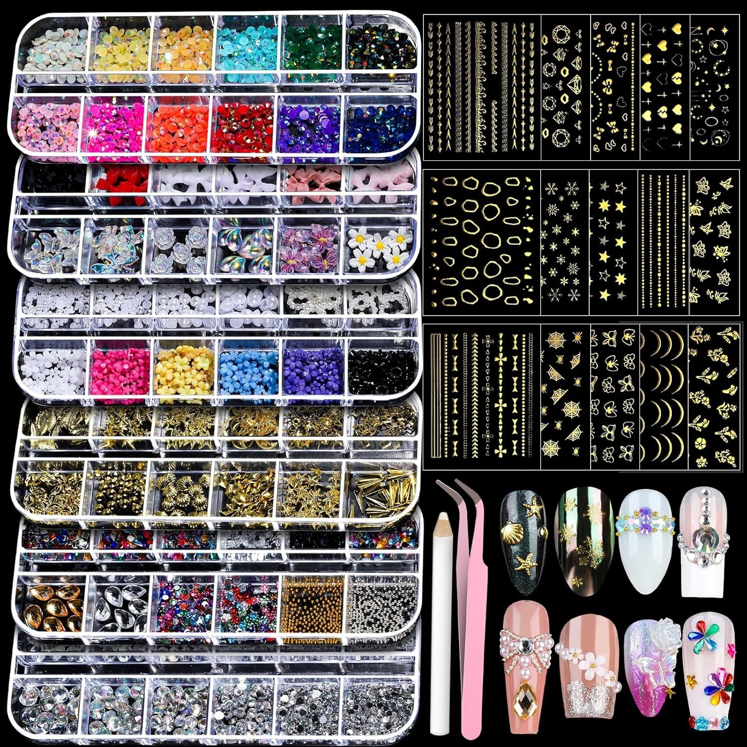 All-in-One Nail Art Charm Kit with Gold Stickers and Colorful Rhinestones